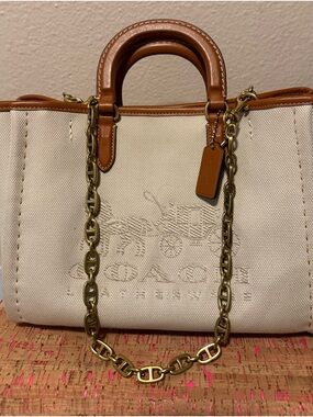 Reese Tote 28
 Cream Canvas Tote with Tan Leather Trim and Tag